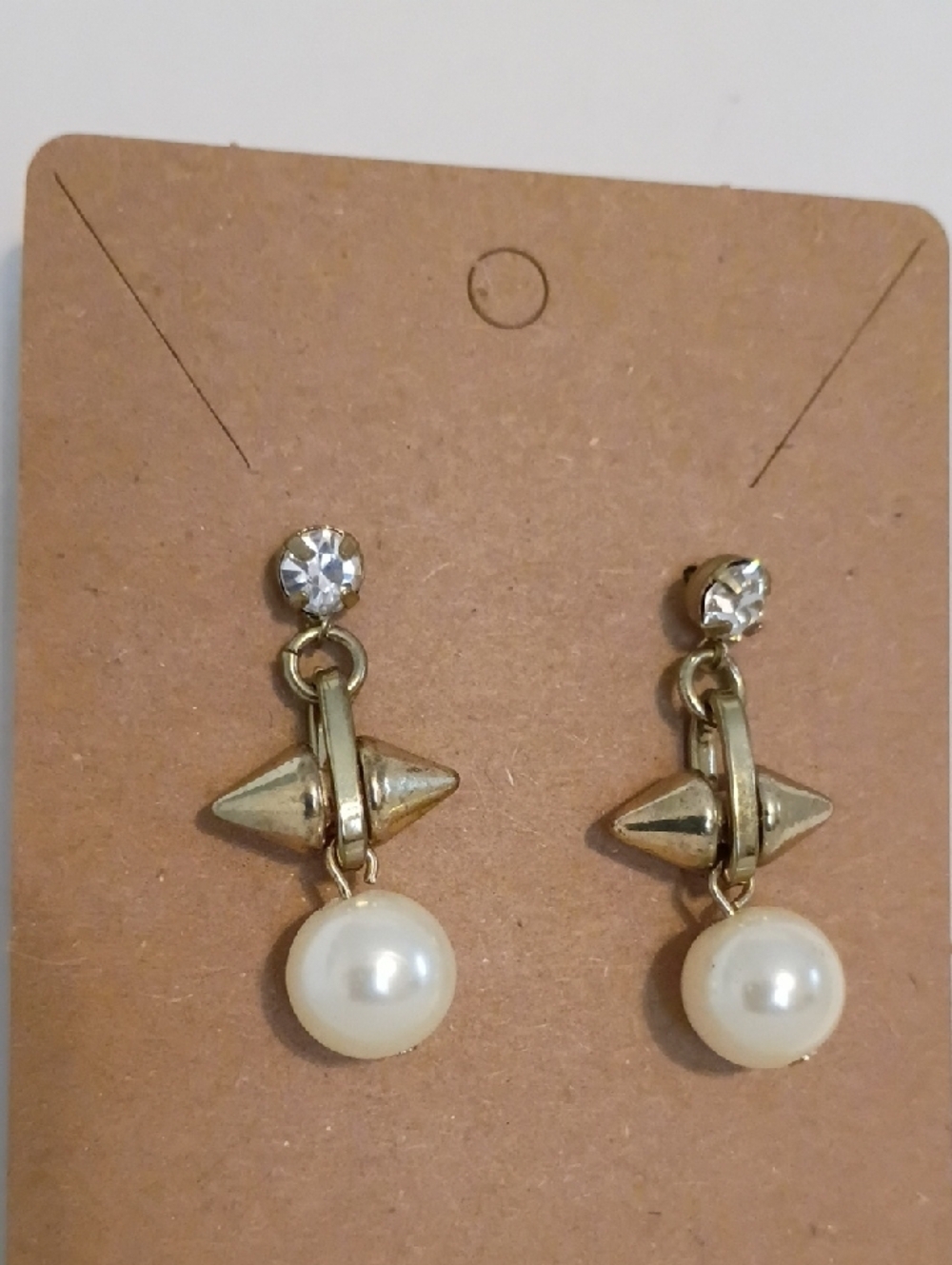 Gold Pearl Drop Dangle Earrings Crystal Accent Bridal Geometric Earrings - Picture 2 of 5